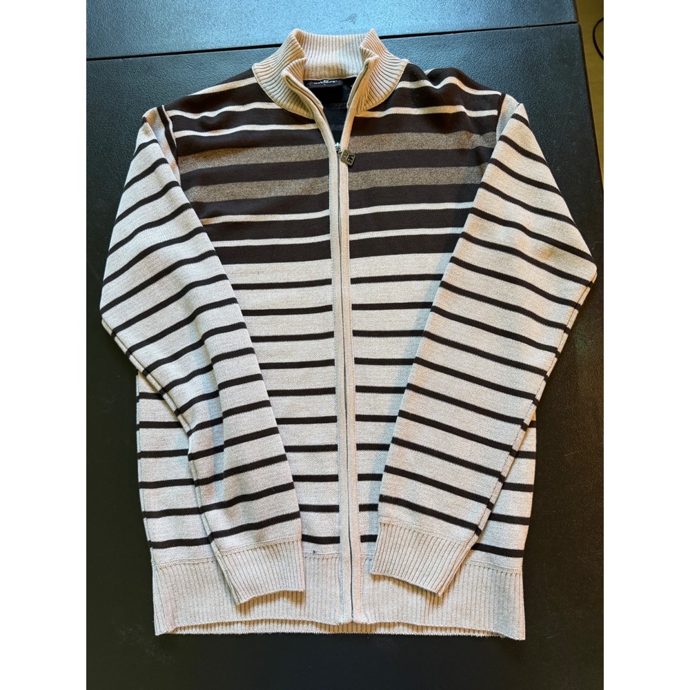 Y2K Red Ape Mens Full Zip Striped Sweater Mock Neck Tan Brown Large